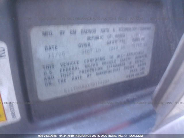 KL1TD566X7B114233 - 2007 CHEVROLET AVEO LS GRAY photo 9