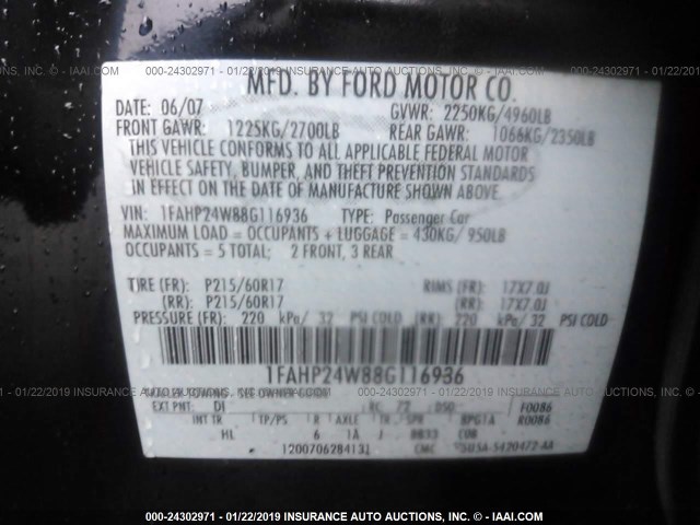 1FAHP24W88G116936 - 2008 FORD TAURUS SEL Dark Blue photo 9