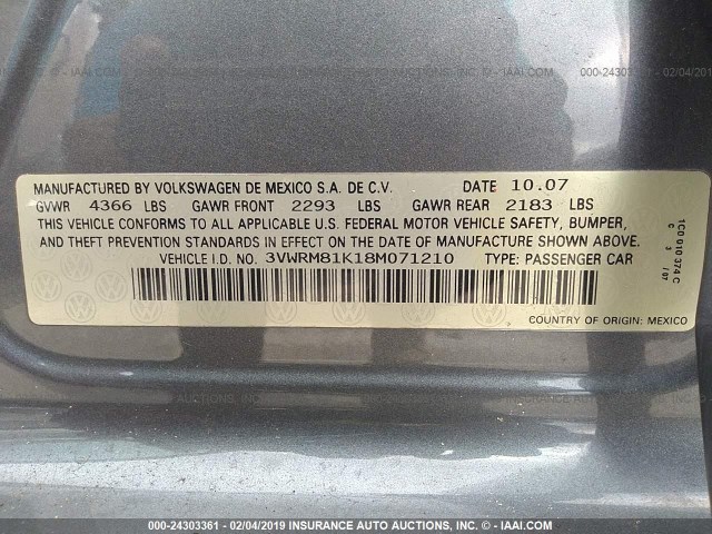 3VWRM81K18M071210 - 2008 VOLKSWAGEN JETTA SE/SEL GRAY photo 9