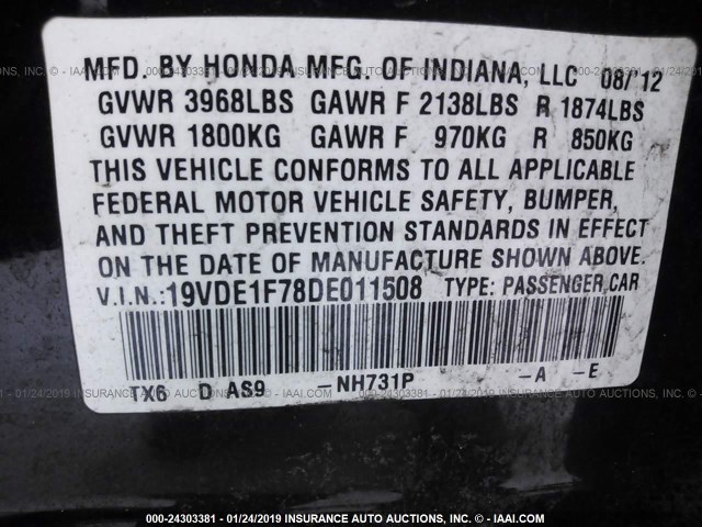 19VDE1F78DE011508 - 2013 ACURA ILX 20 TECH BLACK photo 9