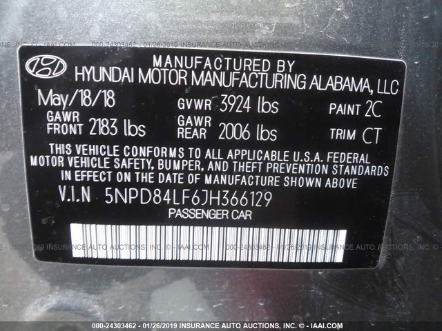 5NPD84LF6JH366129 - 2018 HYUNDAI ELANTRA SEL/VALUE/LIMITED GRAY photo 9