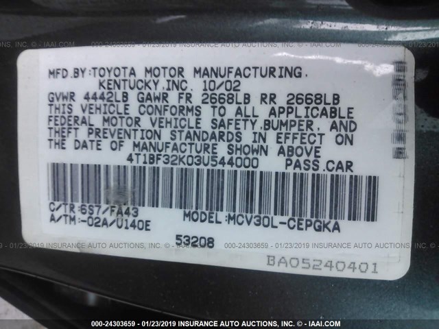 4T1BF32K03U544000 - 2003 TOYOTA CAMRY LE/XLE/SE GREEN photo 9