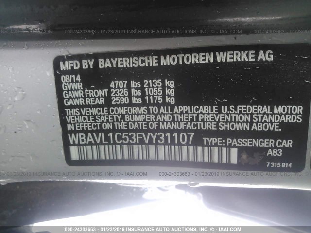 WBAVL1C53FVY31107 - 2015 BMW X1 XDRIVE28I SILVER photo 9