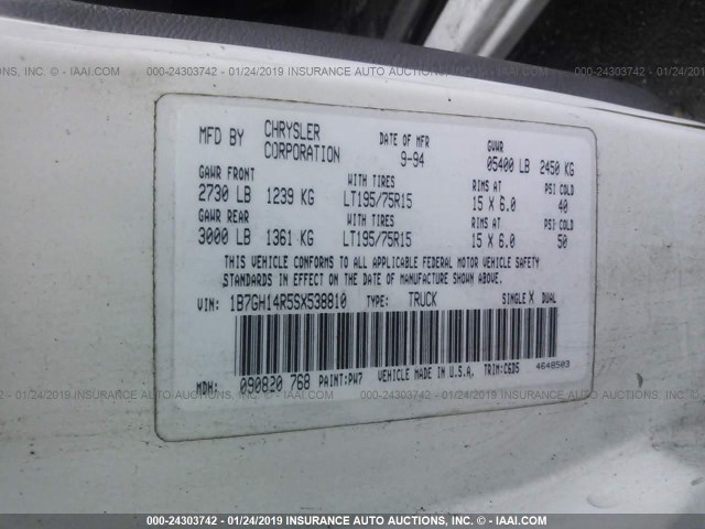 1B7GH14R5SX538810 - 1995 DODGE CARAVAN EXTENDED C/V WHITE photo 9