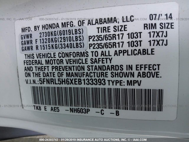 5FNRL5H6XEB133393 - 2014 HONDA ODYSSEY EXL WHITE photo 9