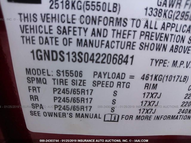 1GNDS13S042206841 - 2004 CHEVROLET TRAILBLAZER LS/LT MAROON photo 9