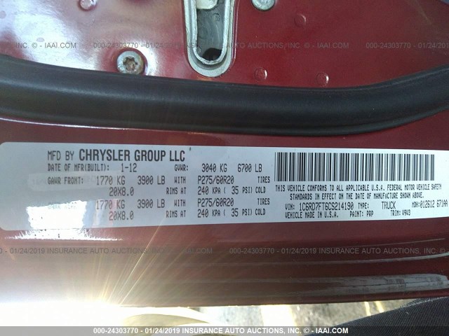 1C6RD7FT6CS214190 - 2012 DODGE RAM 1500 ST MAROON photo 9