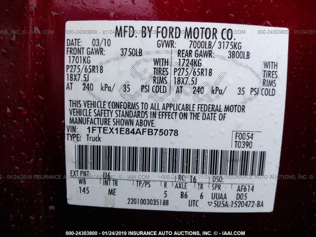 1FTEX1E84AFB75078 - 2010 FORD F150 SUPER CAB MAROON photo 9