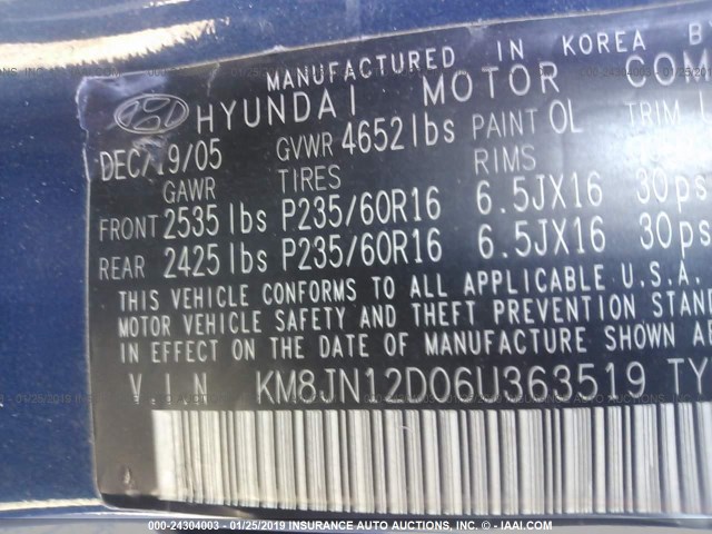 KM8JN12D06U363519 - 2006 HYUNDAI TUCSON GLS/LIMITED ლურჯი ფოტო 9