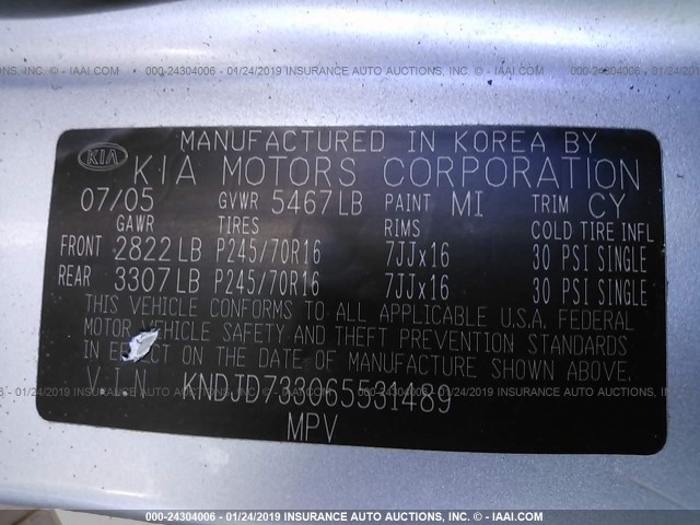 KNDJD733065531489 - 2006 KIA SORENTO EX/LX BLUE photo 9