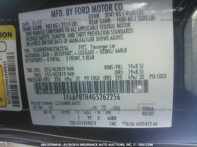 1FA6P8TH4G5262256 - 2016 FORD MUSTANG შავი ფოტო 9