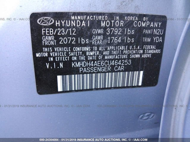 KMHDH4AE6CU464253 - 2012 HYUNDAI ELANTRA GLS/LIMITED Light Blue photo 9