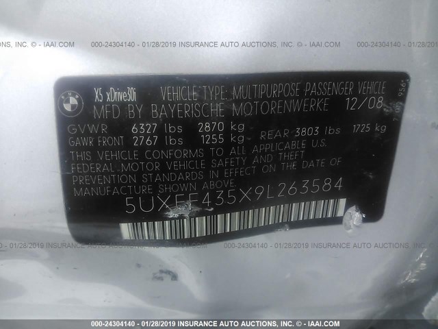 5UXFE435X9L263584 - 2009 BMW X5 XDRIVE30I SILVER photo 9
