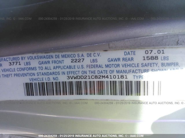 3VWDD21C82M410181 - 2002 VOLKSWAGEN NEW BEETLE GLX SILVER photo 9