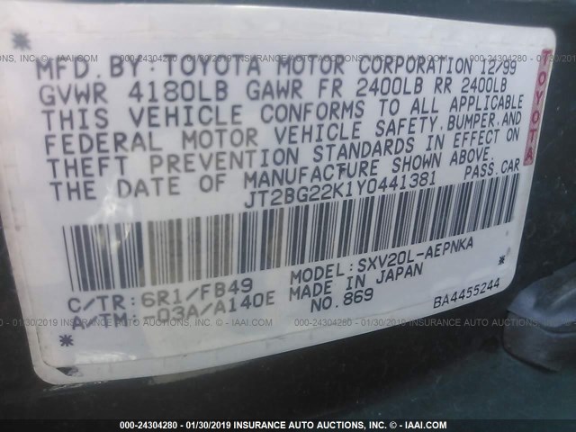 JT2BG22K1Y0441381 - 2000 TOYOTA CAMRY CE/LE/XLE 绿色 照片 9