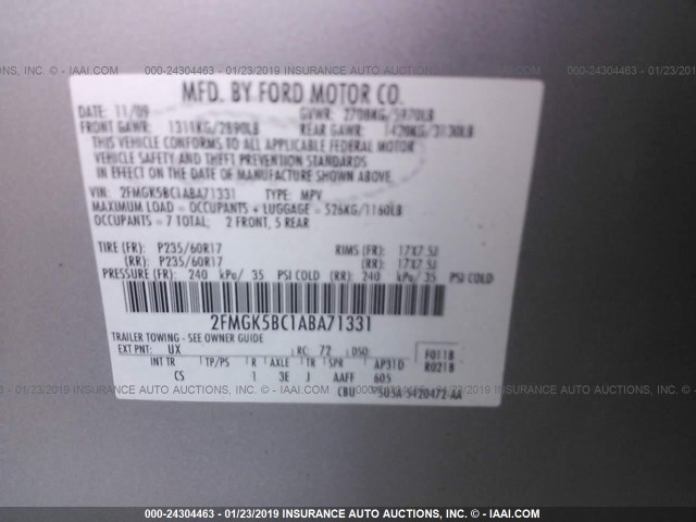 2FMGK5BC1ABA71331 - 2010 FORD FLEX SE SILVER photo 9