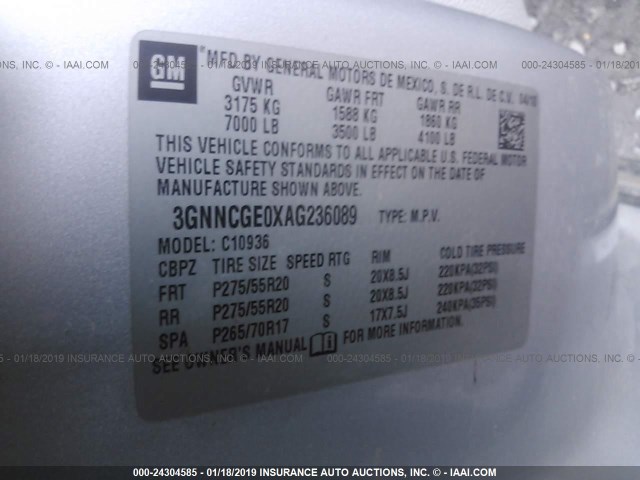 3GNNCGE0XAG236089 - 2010 CHEVROLET AVALANCHE LTZ SILVER photo 9