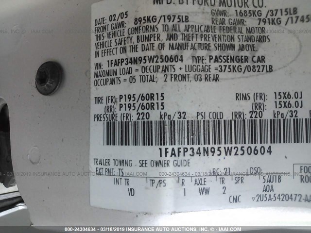 1FAFP34N95W250604 - 2005 FORD FOCUS ZX4 GRAY photo 9