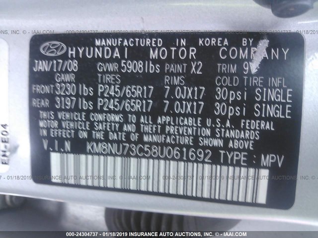 KM8NU73C58U061692 - 2008 HYUNDAI VERACRUZ GLS/SE/LIMITED SILVER photo 9