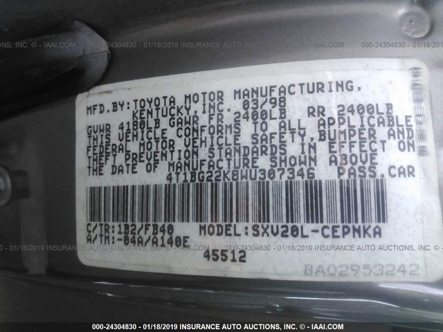 4T1BG22K8WU307346 - 1998 TOYOTA CAMRY CE/LE/XLE GRAY photo 9