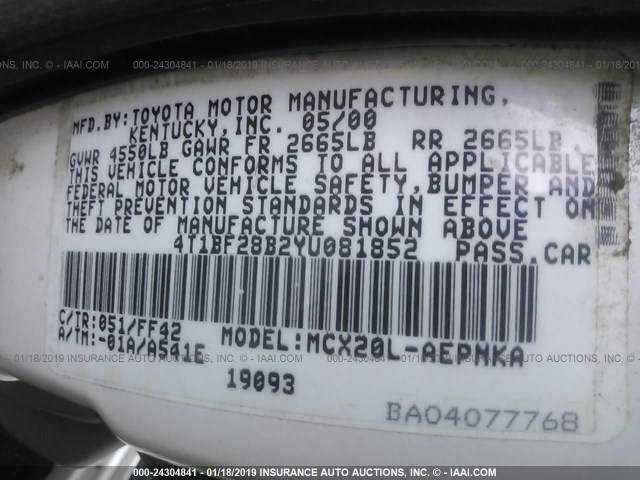 4T1BF28B2YU081852 - 2000 TOYOTA AVALON XL/XLS WHITE photo 9