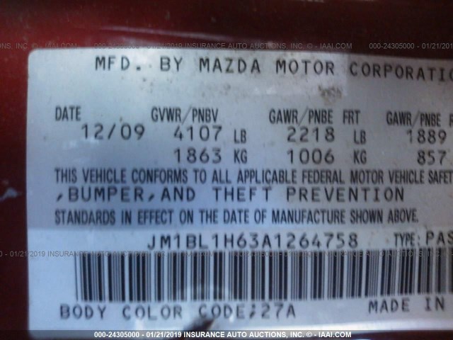 JM1BL1H63A1264758 - 2010 MAZDA 3 S RED photo 9