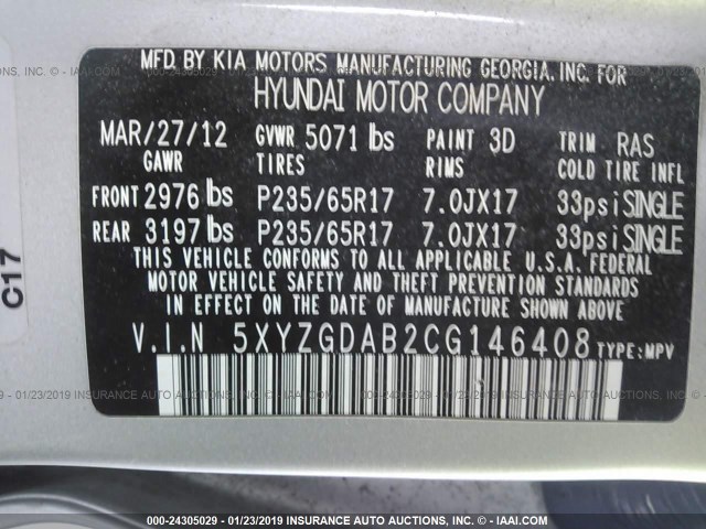 5XYZGDAB2CG146408 - 2012 HYUNDAI SANTA FE GLS SILVER photo 9