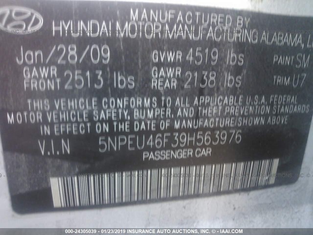 5NPEU46F39H563976 - 2009 HYUNDAI SONATA SE/LIMITED SILVER photo 9