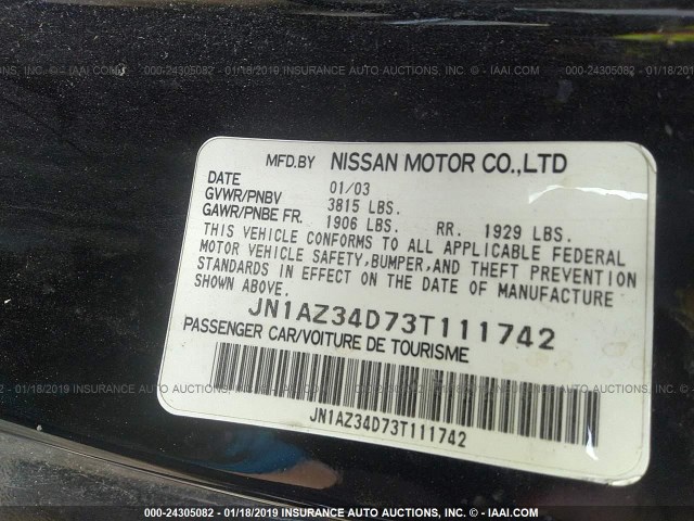 JN1AZ34D73T111742 - 2003 NISSAN 350Z COUPE BLACK photo 9