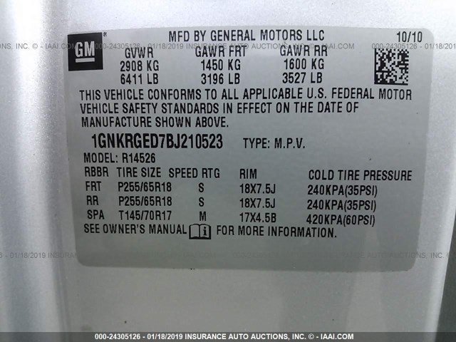 1GNKRGED7BJ210523 - 2011 CHEVROLET TRAVERSE LT SILVER photo 9