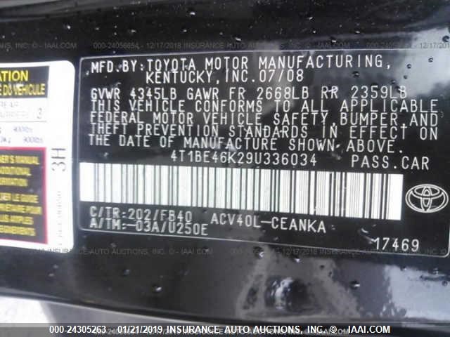 4T1BE46K29U336034 - 2009 TOYOTA CAMRY SE/LE/XLE BLACK photo 9