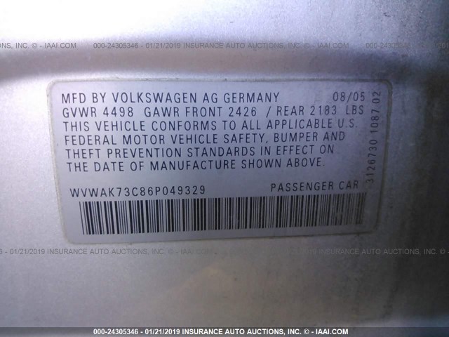 WVWAK73C86P049329 - 2006 VOLKSWAGEN PASSAT 2.0T/2.0T VALUE SILVER photo 9