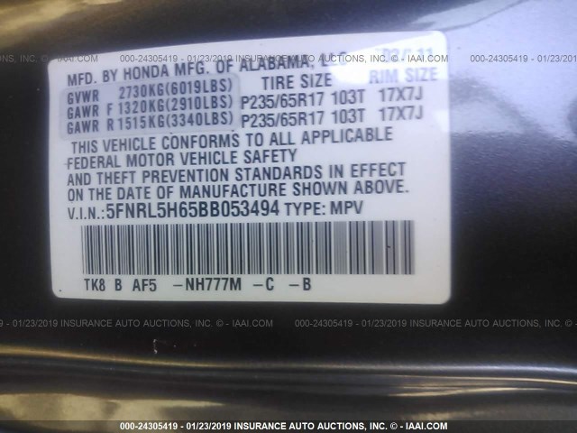 5FNRL5H65BB053494 - 2011 HONDA ODYSSEY EXL GRAY photo 9