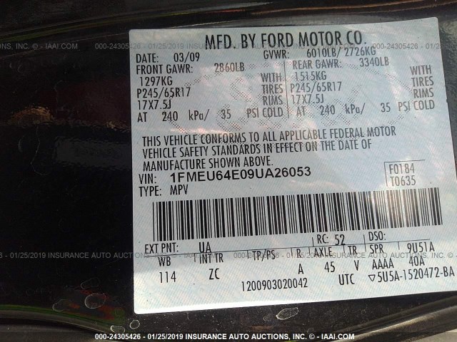 1FMEU64E09UA26053 - 2009 FORD EXPLORER EDDIE BAUER BLACK photo 9