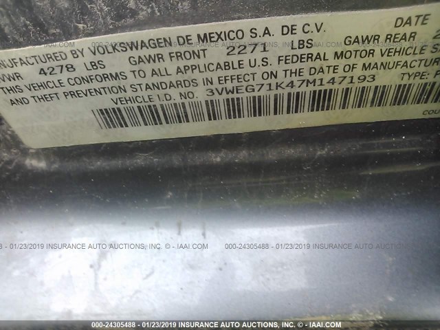 3VWEG71K47M147193 - 2007 VOLKSWAGEN JETTA WOLFSBURG 灰色 照片 9