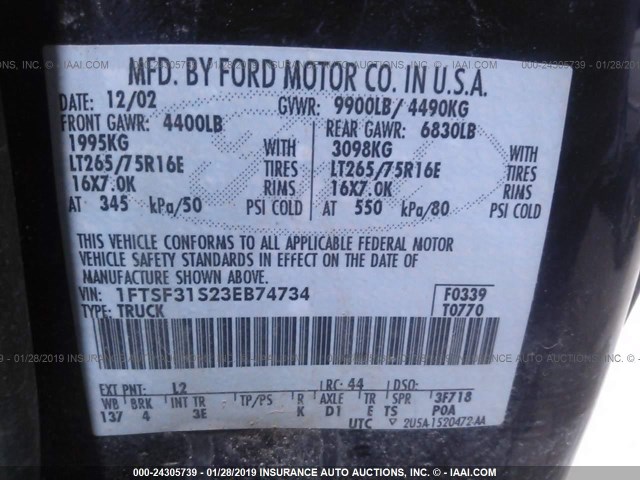 1FTSF31S23EB74734 - 2003 FORD F350 SRW SUPER DUTY BLUE photo 9