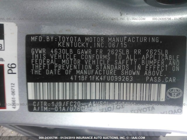 4T1BF1FK4FU099263 - 2015 TOYOTA CAMRY LE/XLE/SE/XSE ვერცხლისფერი ფოტო 9