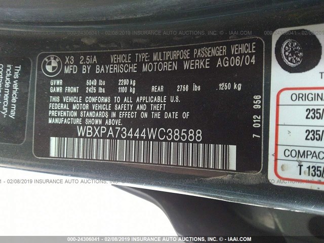 WBXPA73444WC38588 - 2004 BMW X3 2.5I GRAY photo 9