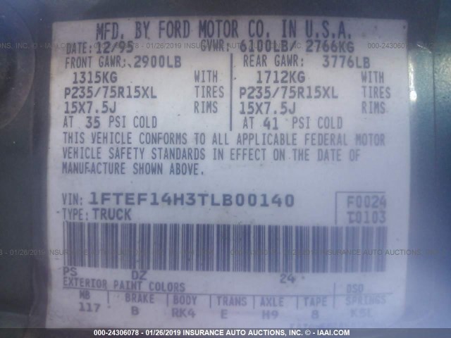 1FTEF14H3TLB00140 - 1996 FORD F150 GREEN photo 9