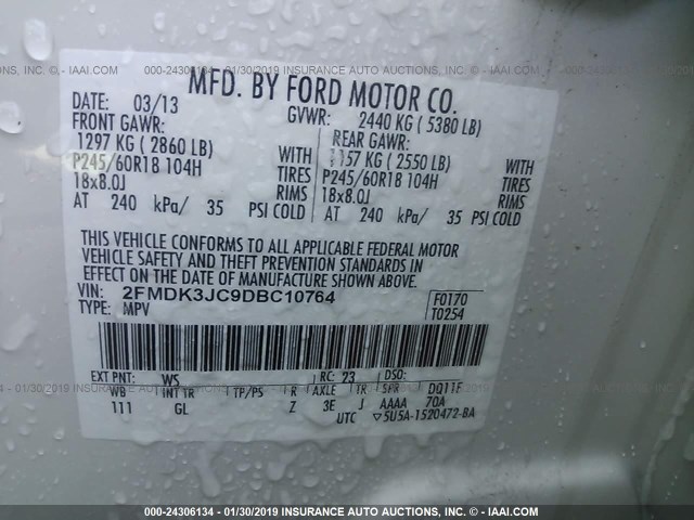 2FMDK3JC9DBC10764 - 2013 FORD EDGE SEL WHITE photo 9