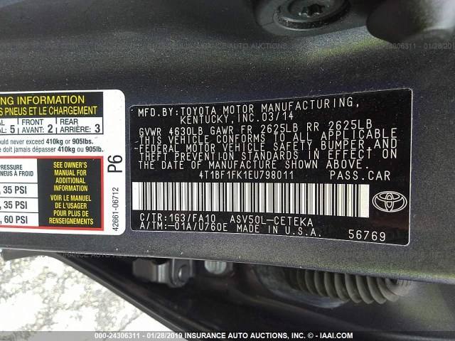4T1BF1FK1EU798011 - 2014 TOYOTA CAMRY L/SE/LE/XLE 灰色 照片 9