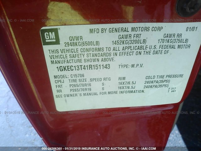 1GKEC13T41R151143 - 2001 GMC YUKON RED photo 9