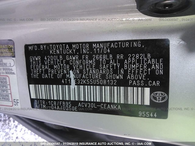 4T1BE32K55U508132 - 2005 TOYOTA CAMRY LE/XLE/SE SILVER photo 9