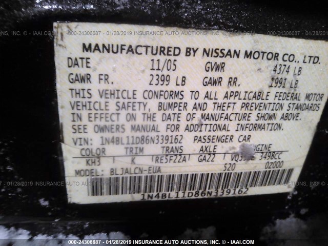 1N4BL11D86N339162 - 2006 NISSAN ALTIMA SE/SL/SE-R BLACK photo 9