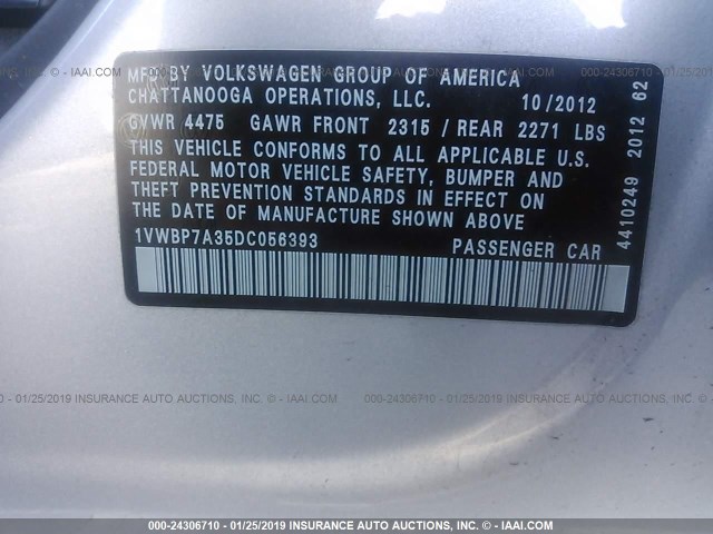 1VWBP7A35DC056393 - 2013 VOLKSWAGEN PASSAT SE SILVER photo 9