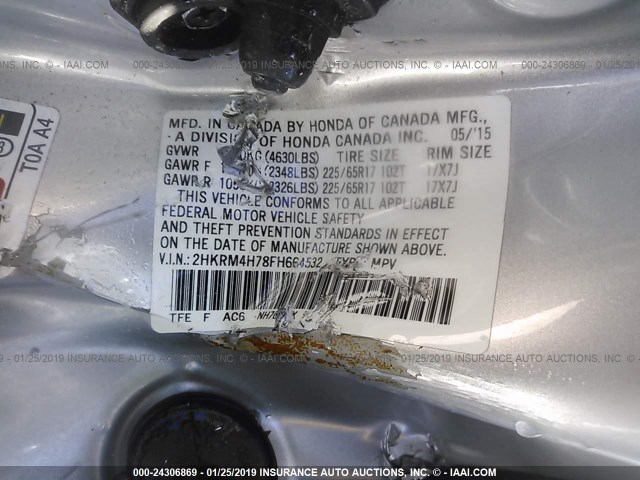 2HKRM4H78FH664532 - 2015 HONDA CR-V EXL SILVER photo 9