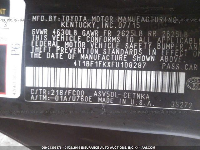 4T1BF1FKXFU108287 - 2015 TOYOTA CAMRY LE/XLE/SE/XSE 黑色 照片 9