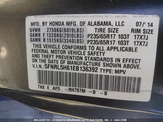 5FNRL5H61EB136392 - 2014 HONDA ODYSSEY EXL GRAY photo 9