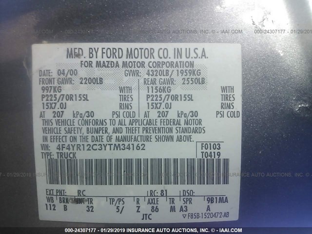 4F4YR12C3YTM34162 - 2000 MAZDA B2500 GRAY photo 9