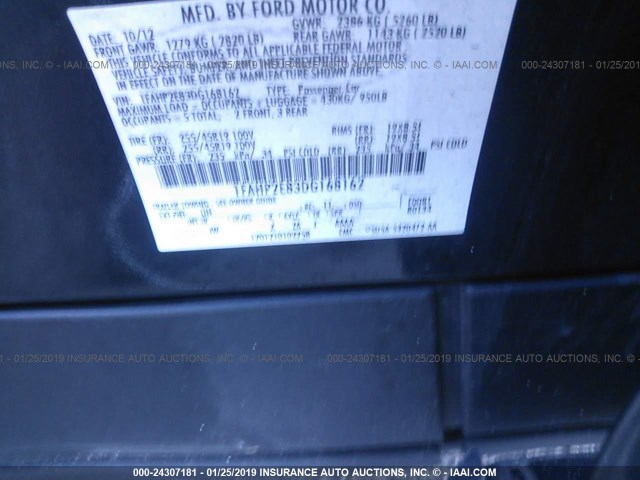 1FAHP2E83DG168162 - 2013 FORD TAURUS SEL BLACK photo 9